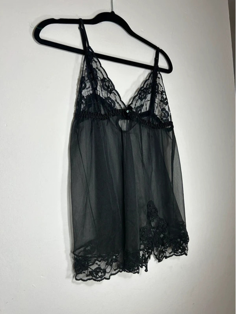 Vintage Frederick’s of Hollywood Black Lace Mesh Babydoll Dress with Leg Slit